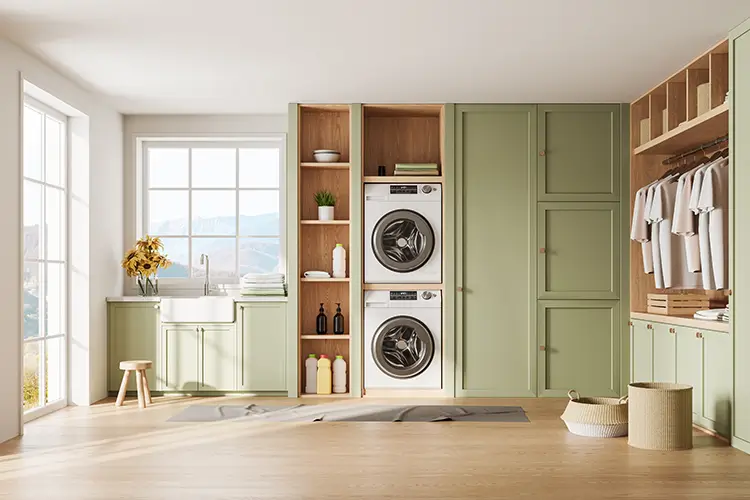 Laundry room with shelves and closets near by