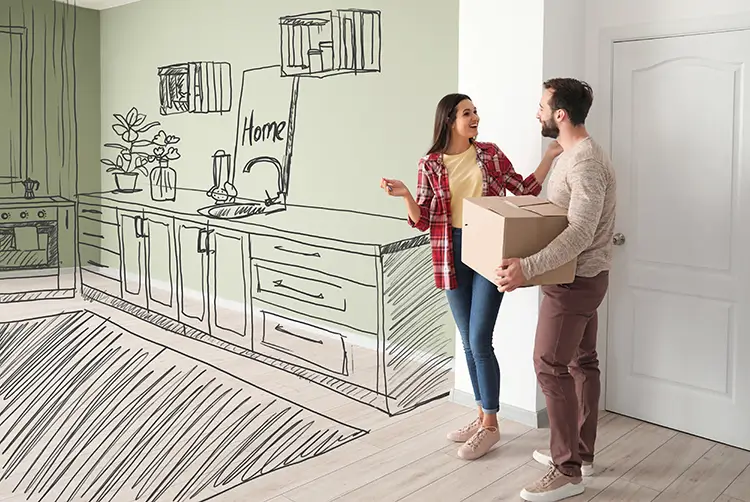 Couple moving into a house with sketched up customization of the home